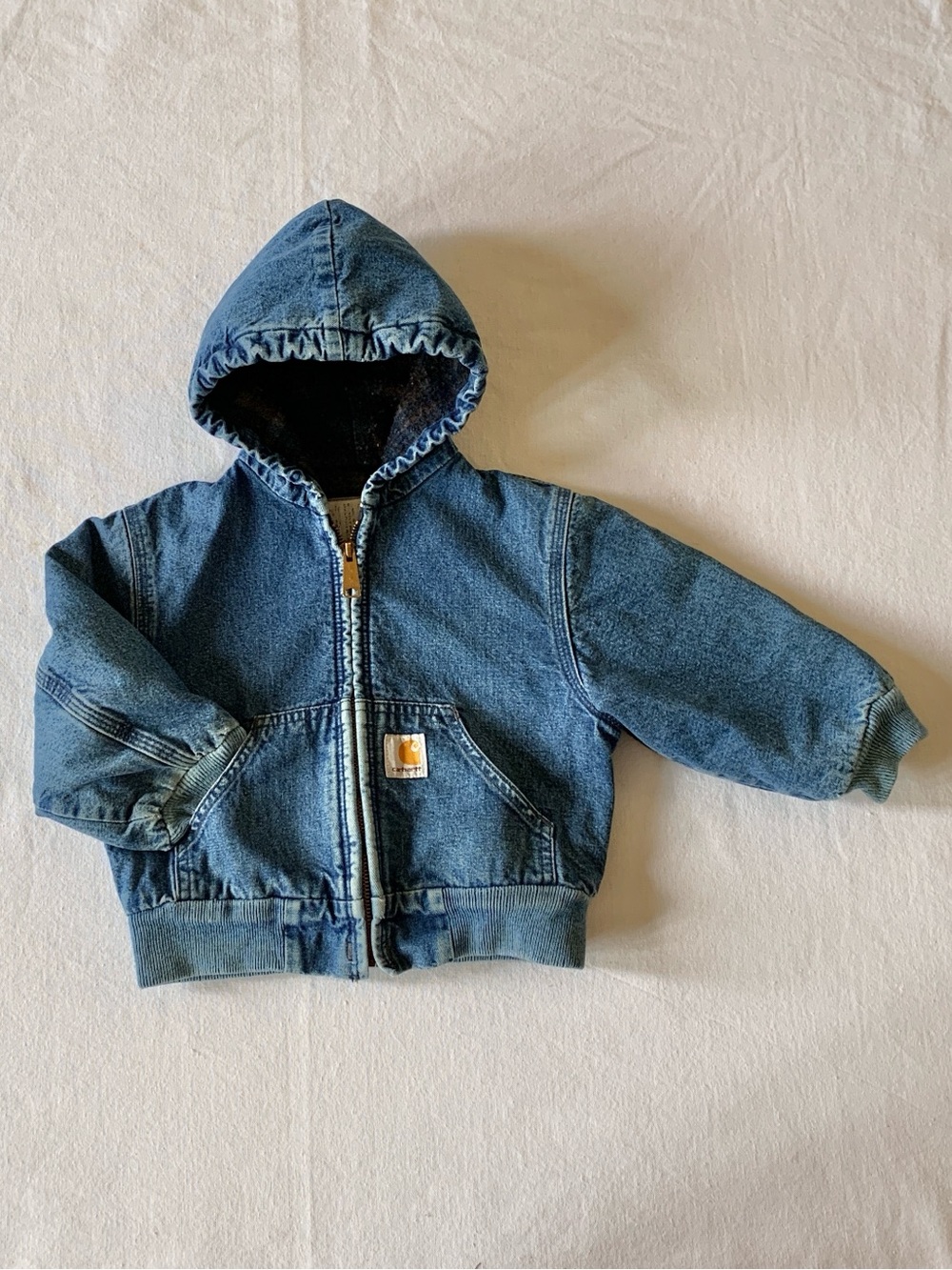 Carhartt Vintage Blanket Lined Blue Jean Denim Kid’s Hooded Jacket Chore Coat 3T